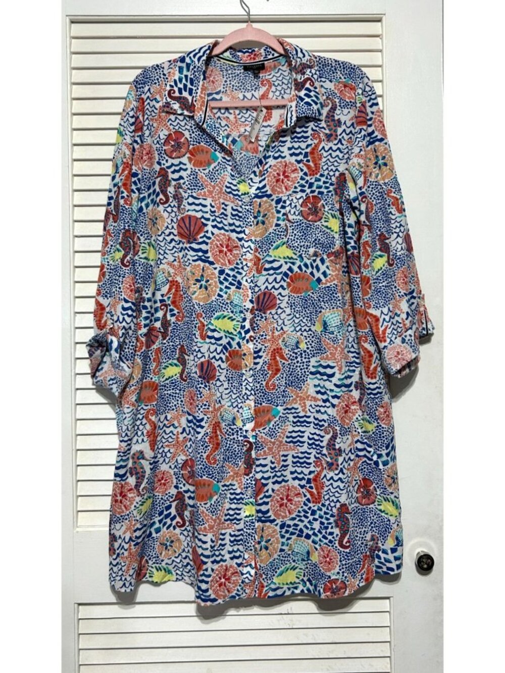 NWT Talbot Women's Blue Cotton Seahorse Crinkle Beach Shirt Dress Size 2X 3453 - Picture 10 of 14